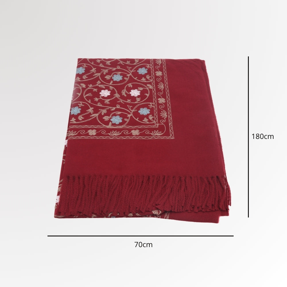 Cachecol Feminino Cashmere Bordado Floral Elegante com Franjas para Inverno Vermelho