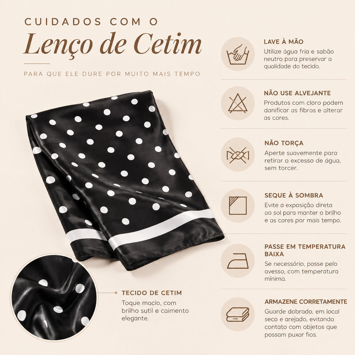 Lenço de Cetim com Estampa Poá Preto