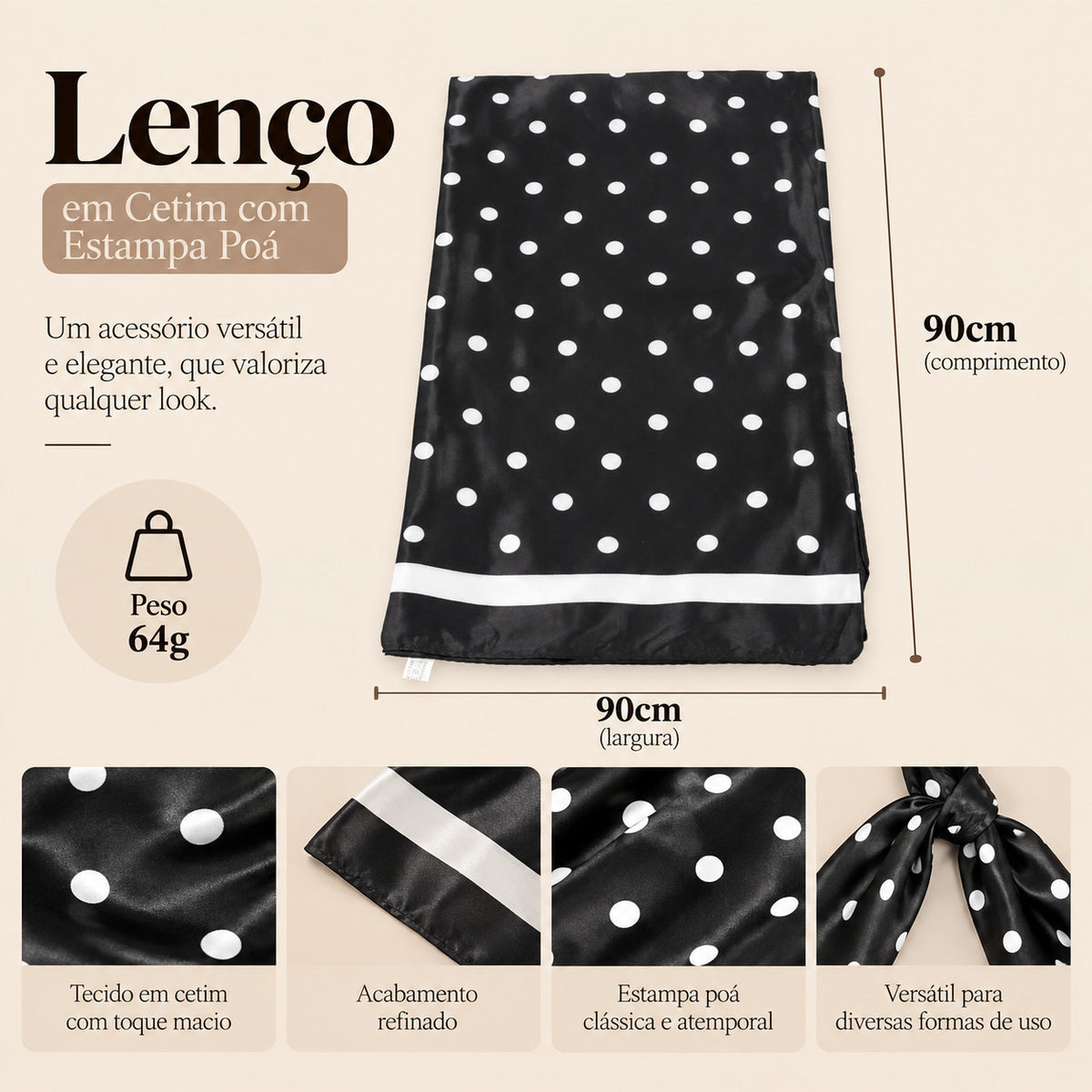 Lenço de Cetim com Estampa Poá Preto