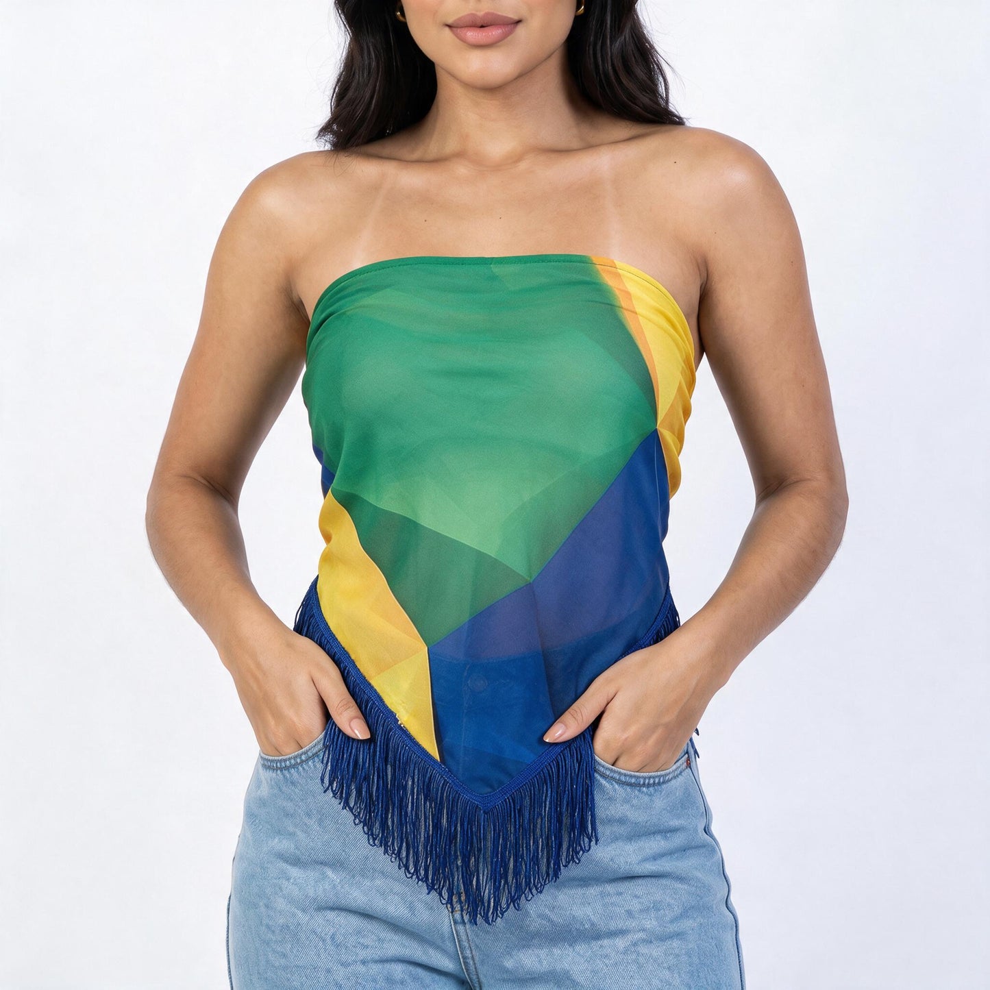 LENÇO EM TECIDO COM ESTAMPA DO BRASIL E ACABAMENTO EM FRANJA Azul