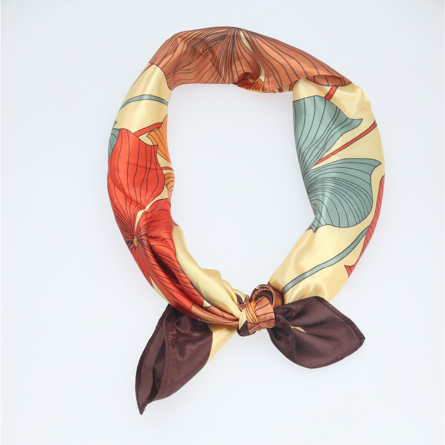 Lenço de Cetim com Estampa Floral Marrom