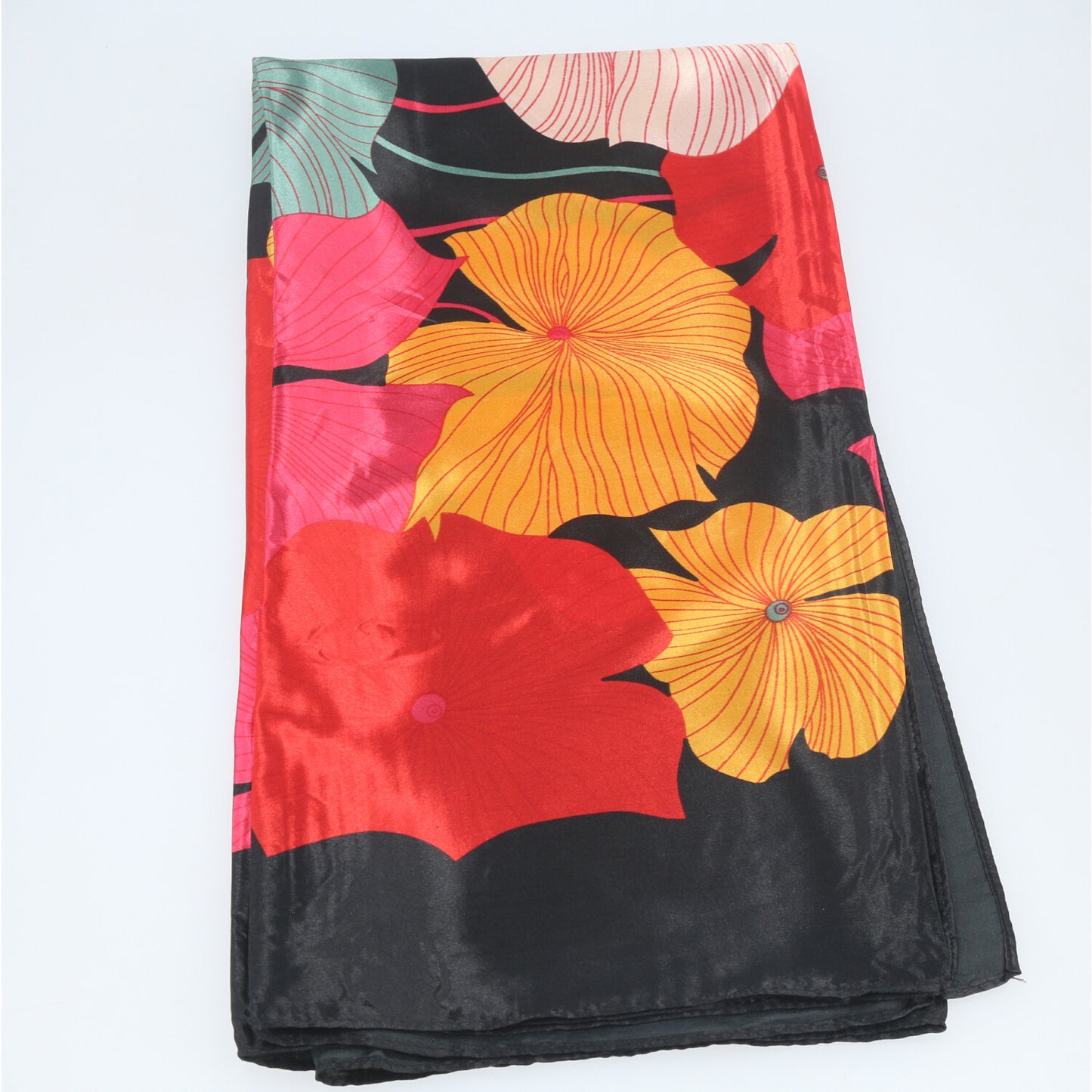 Lenço de Cetim com Estampa Floral Preto
