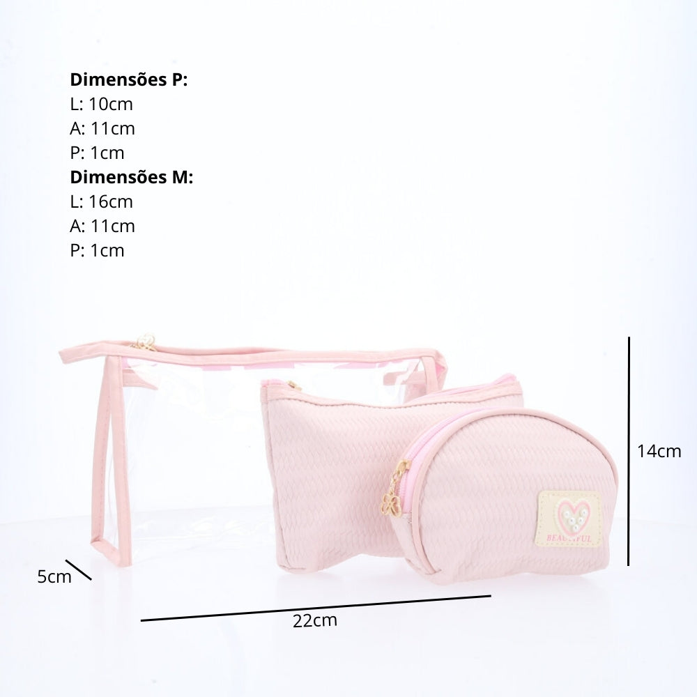 Kit de Nécessaire com 3 Peças Rosa