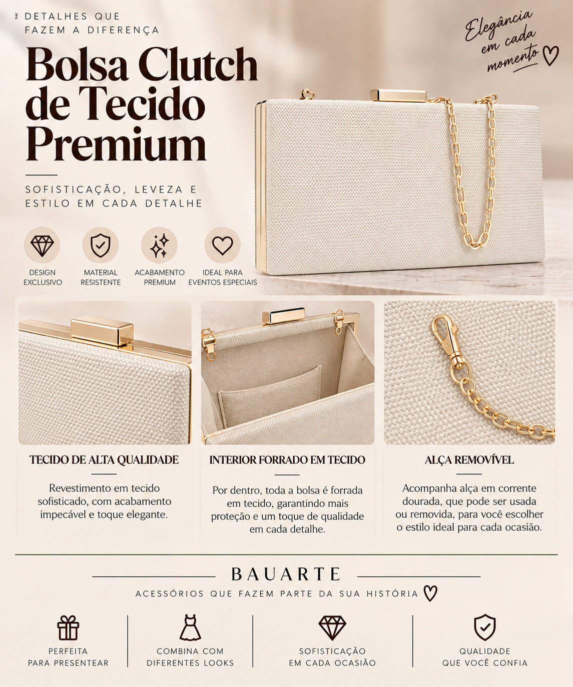 Bolsa Clutch Feminina Transversal Luxo Festa Marfim