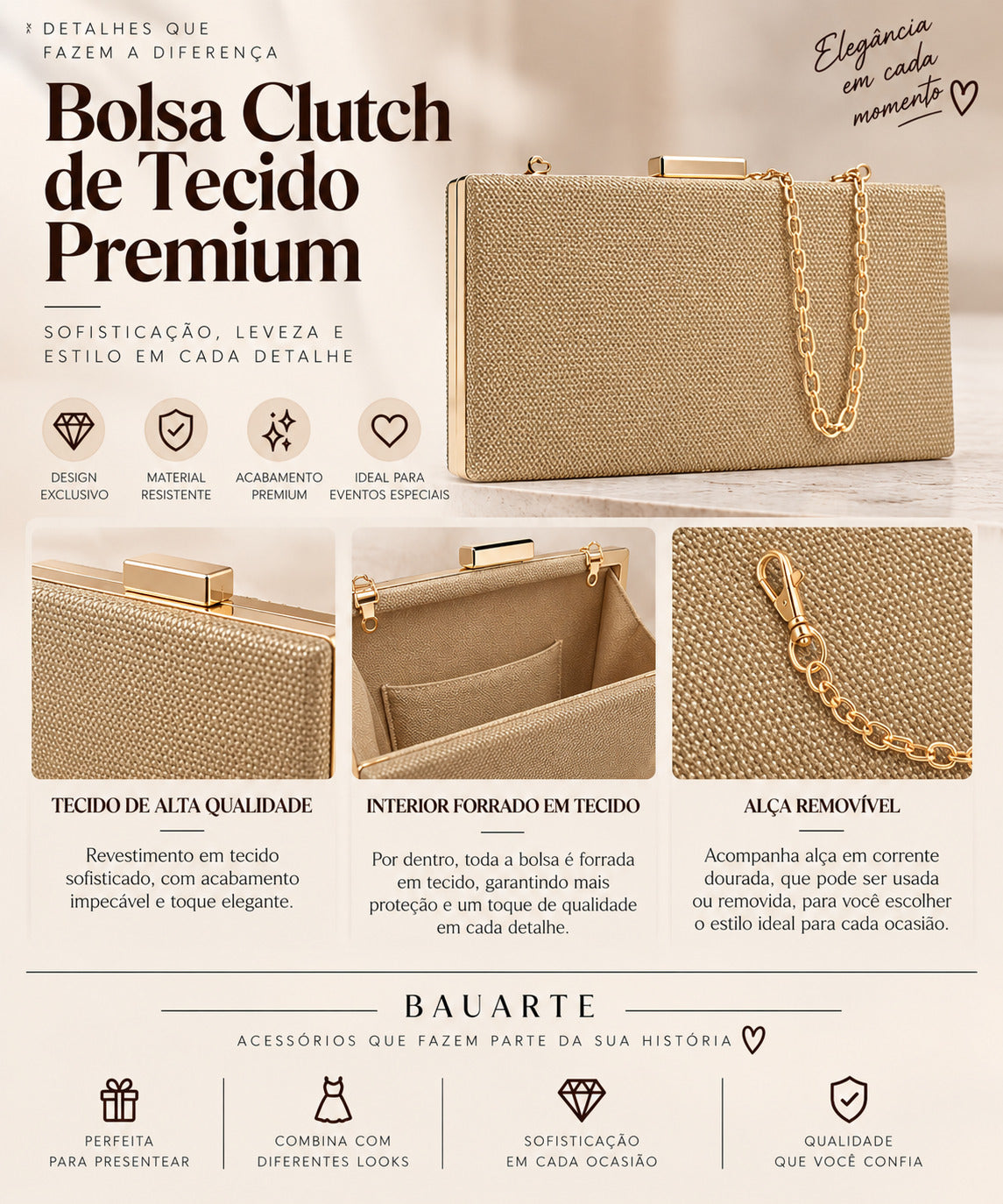 Bolsa Clutch Feminina Transversal Luxo Festa Ouro