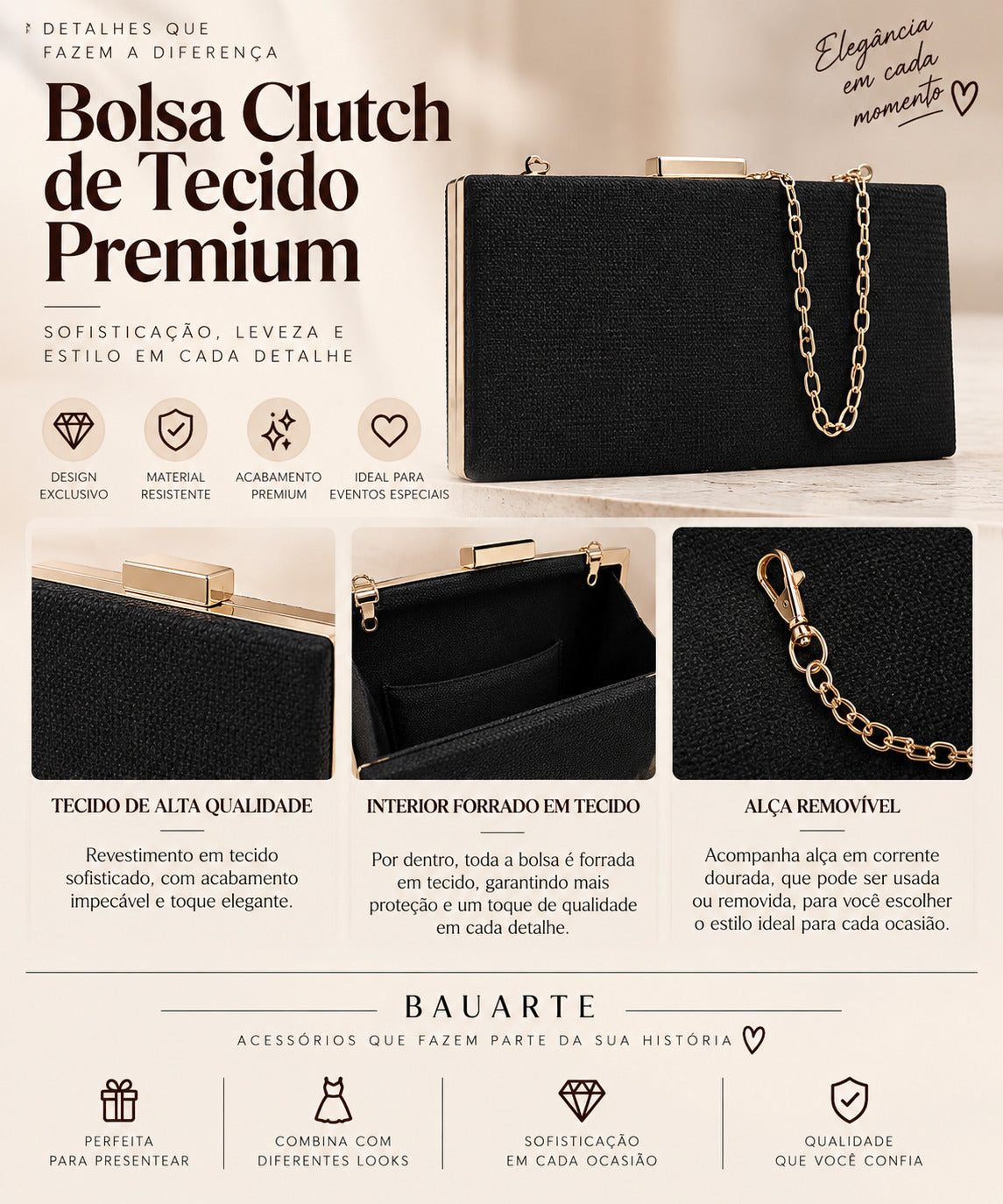 Bolsa Clutch Feminina Transversal Luxo Festa Preto