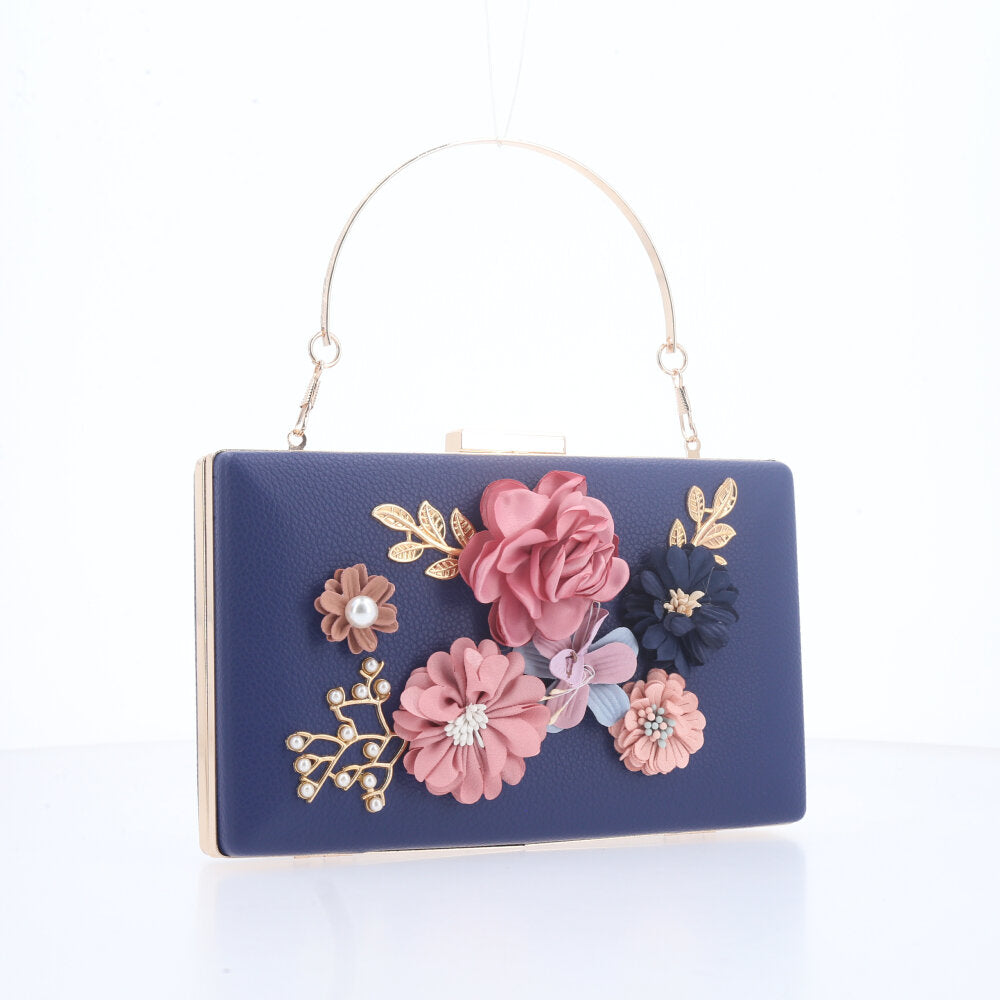 Bolsa Festa Feminina com Flores Aplicadas Azul escuro
