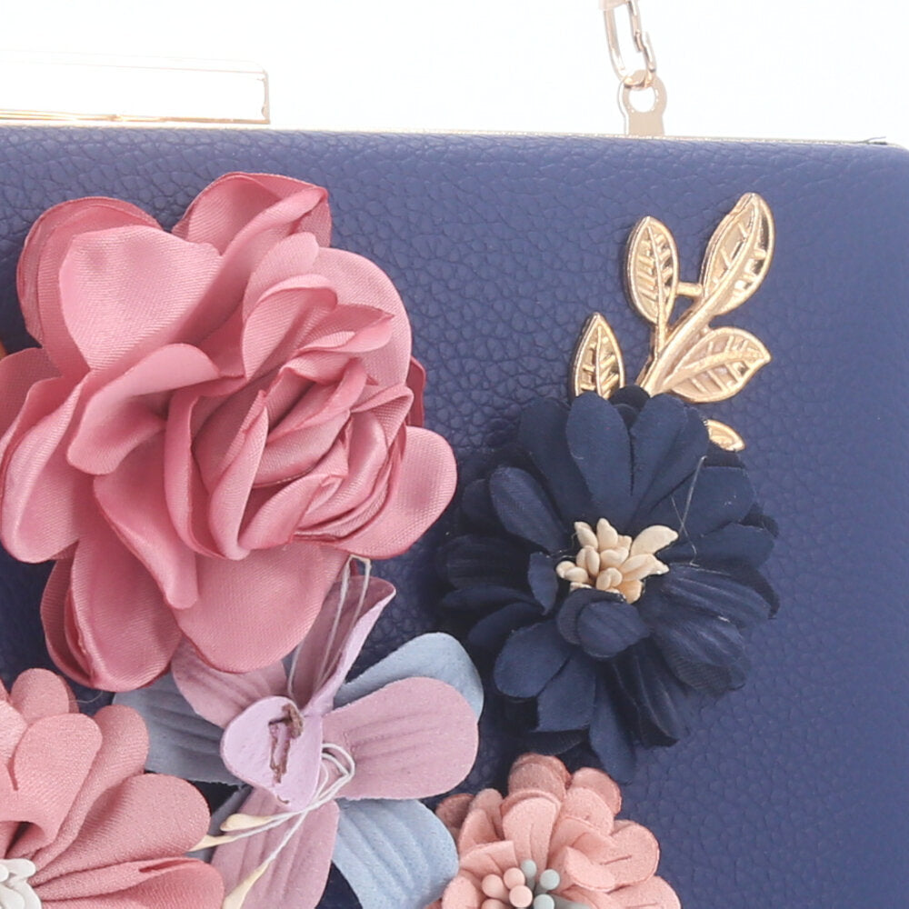 Bolsa Festa Feminina com Flores Aplicadas Azul escuro