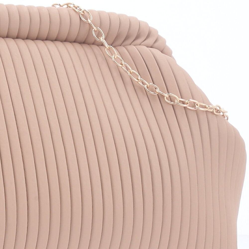 Bolsa Festa Feminina com Plissado e Alça em Corrente Bege