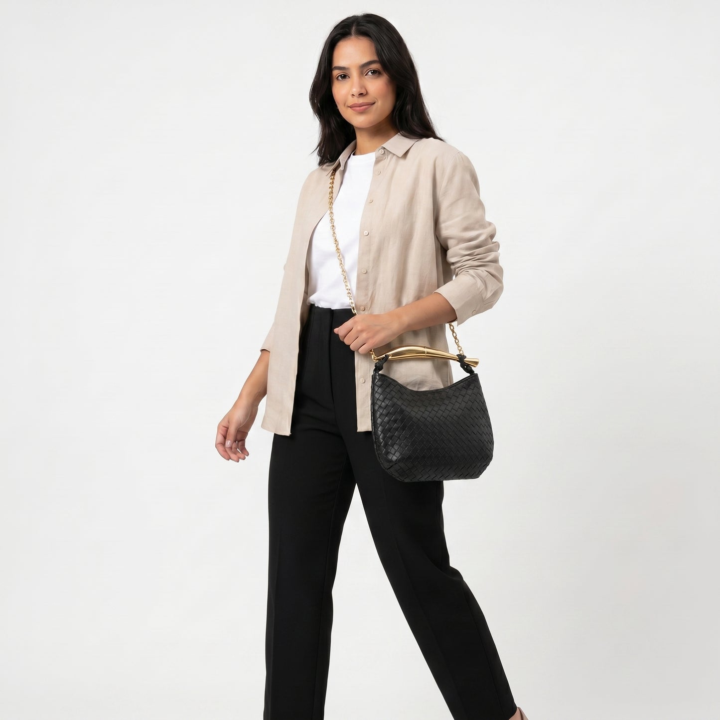 Bolsa Clutch Trançada com Alça Metalizada Preto