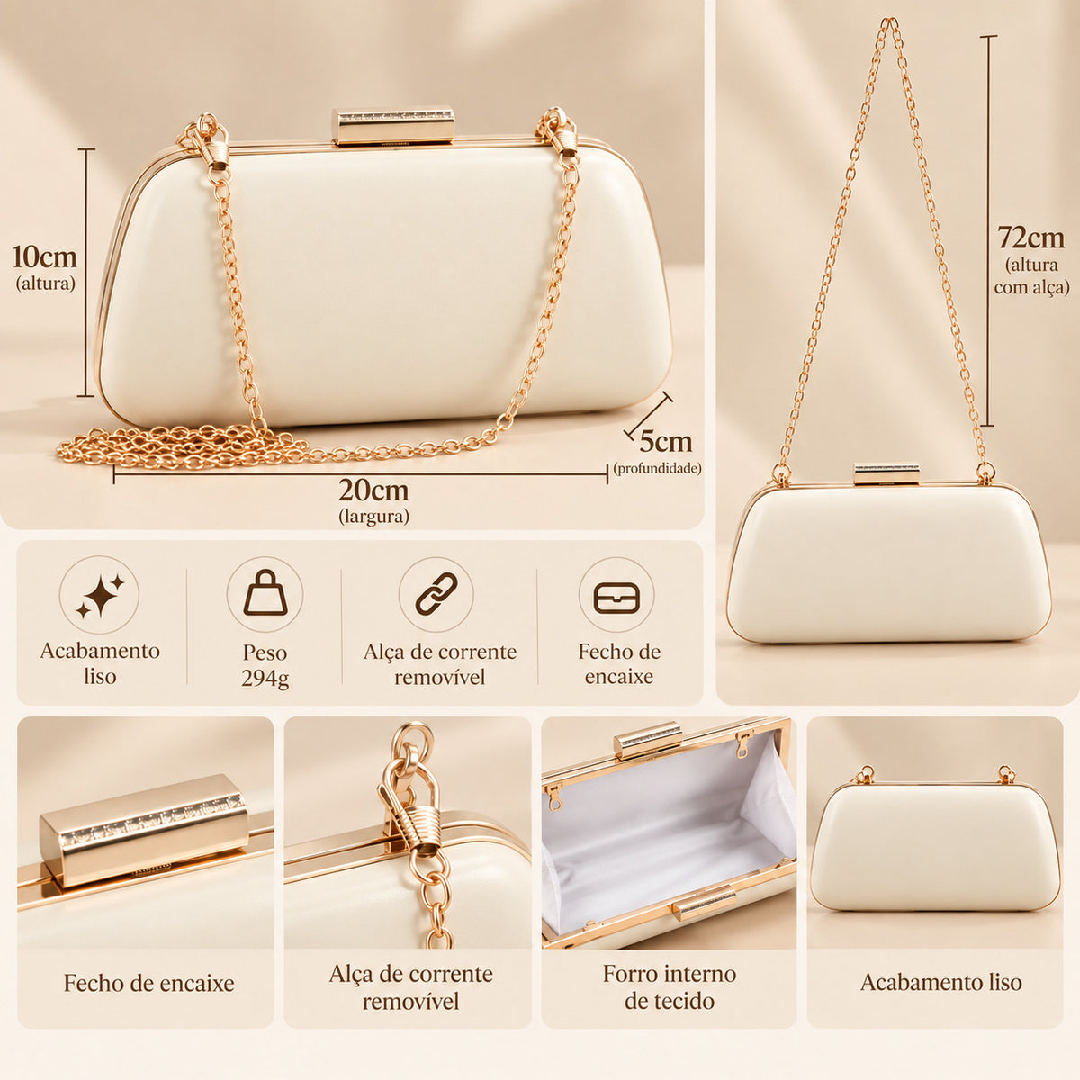 Bolsa Clutch com Acabamento Liso Marfim