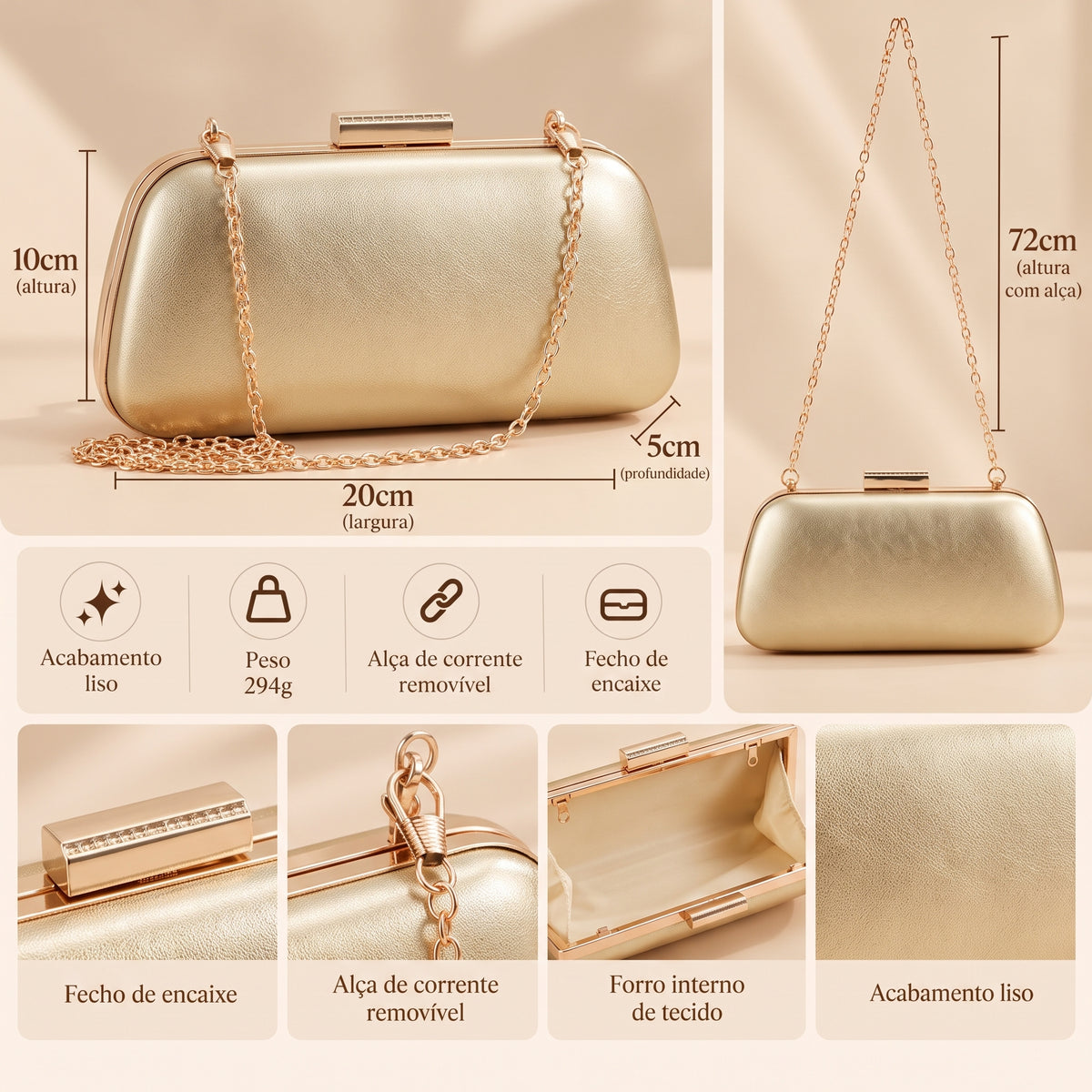 Bolsa Clutch com Acabamento Liso Ouro claro