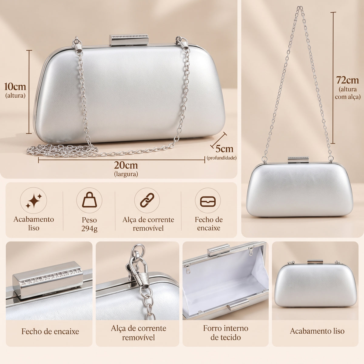 Bolsa Clutch com Acabamento Liso Prata