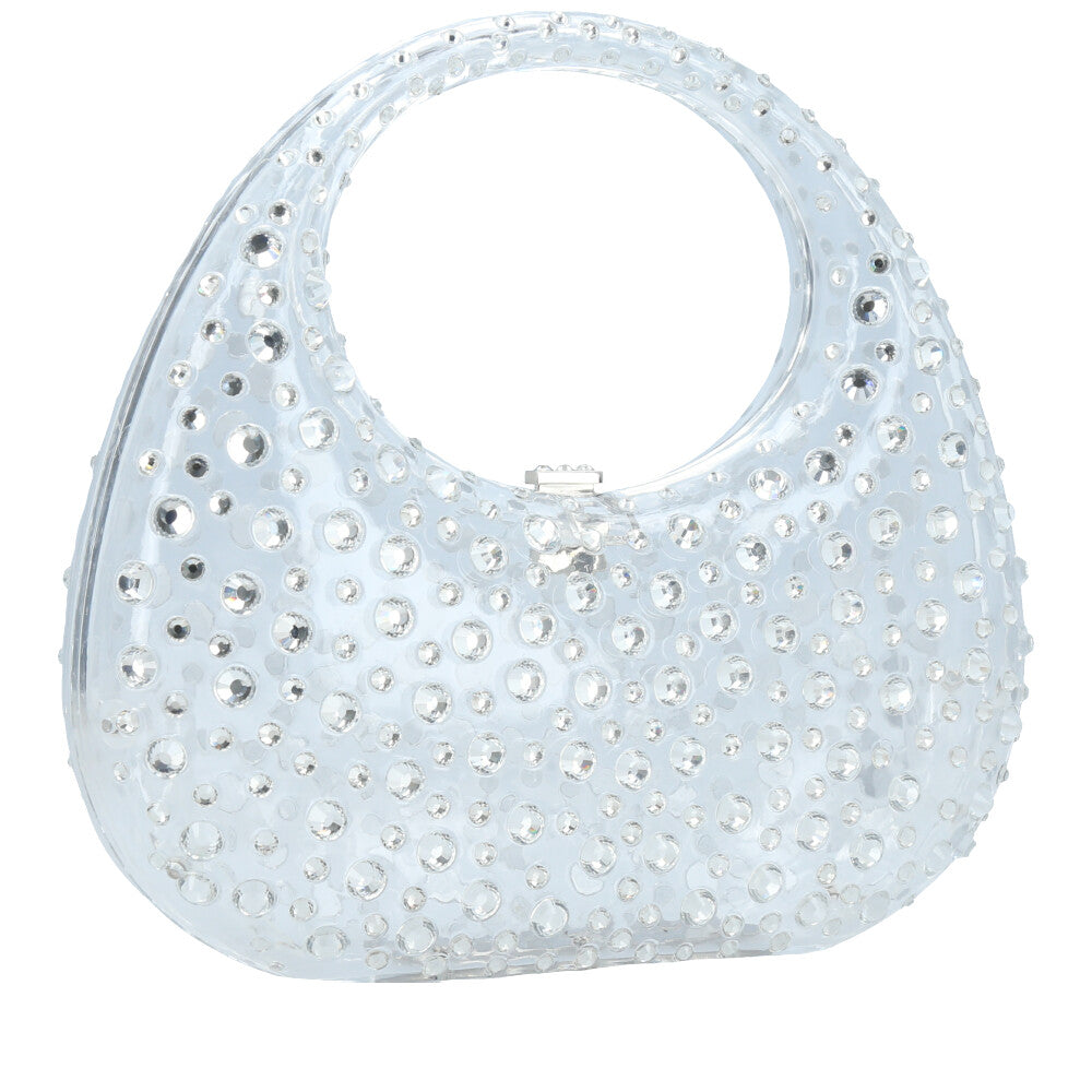 Bolsa Clutch Feminina em Acrílico com Strass Prata