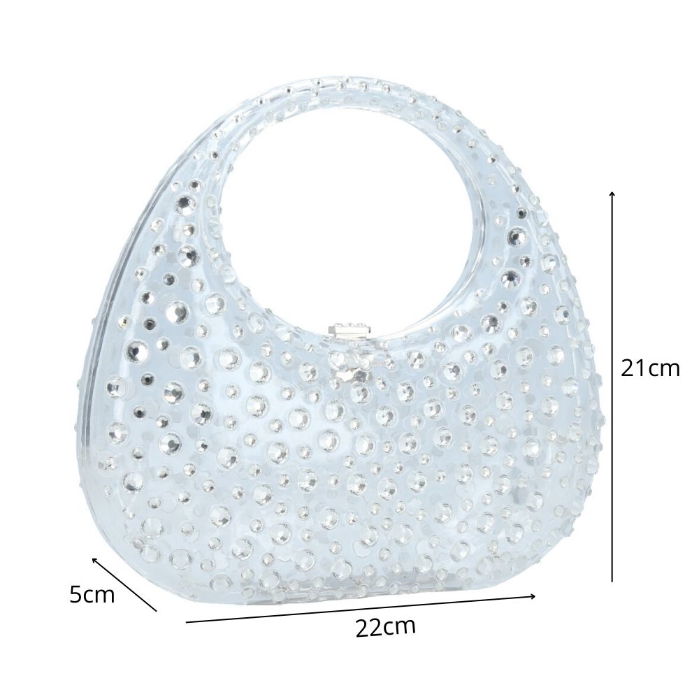 Bolsa Clutch Feminina em Acrílico com Strass Prata