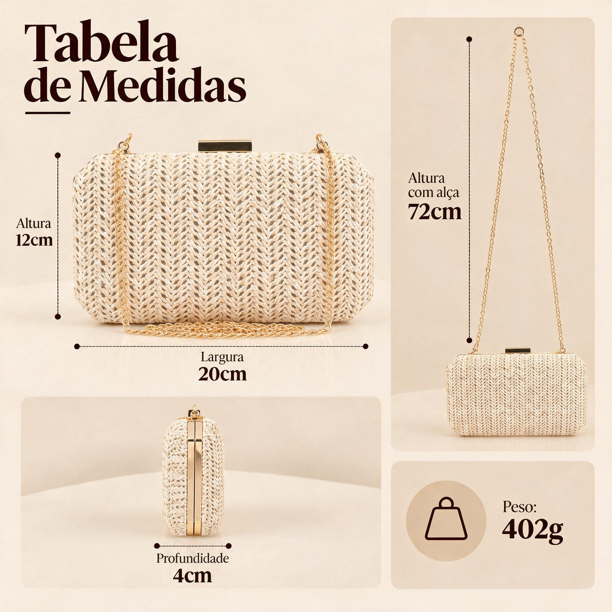 Bolsa Festa em Ráfia com Alça de Corrente Bege
