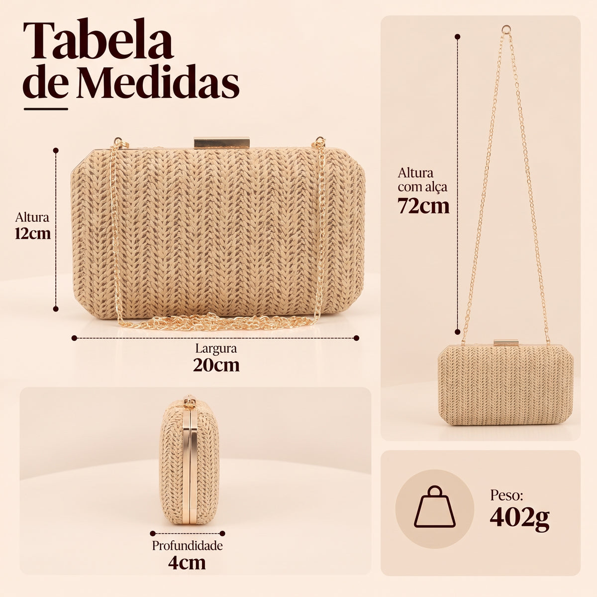 Bolsa Festa em Ráfia com Alça de Corrente Caqui