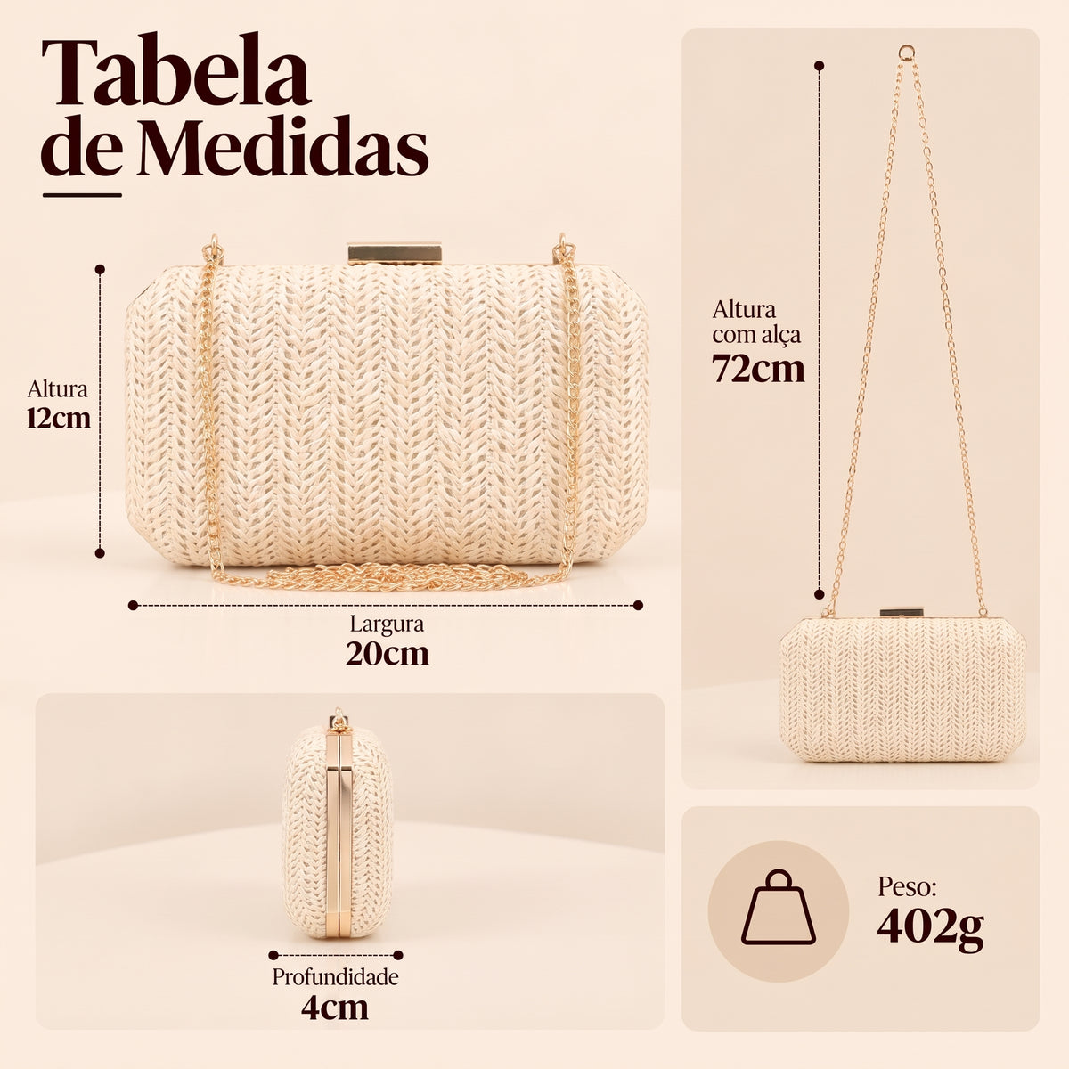 Bolsa Festa em Ráfia com Alça de Corrente Marfim
