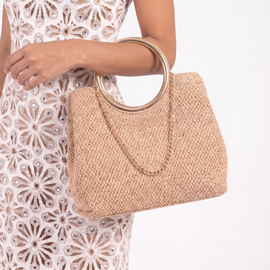 Bolsa Clutch em Ráfia com Alça de  Metal Bege