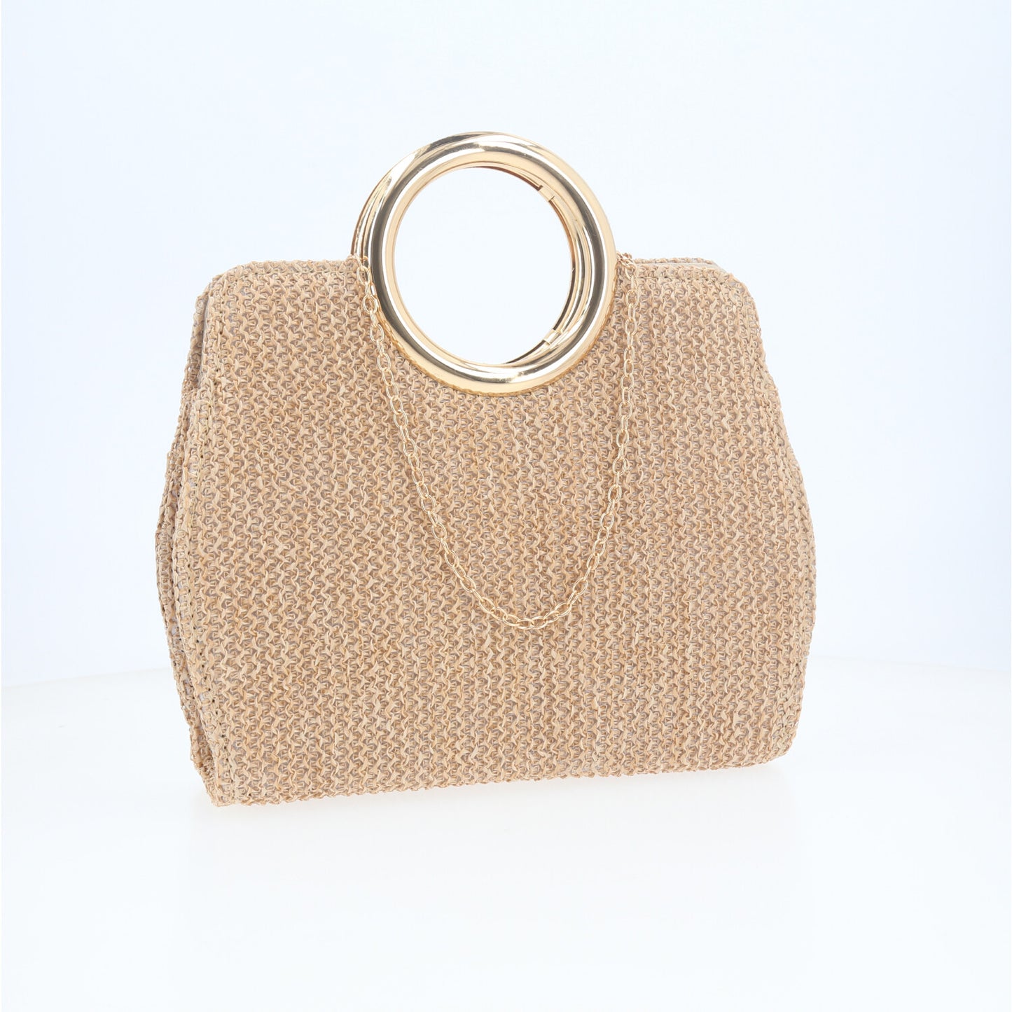 Bolsa Clutch em Ráfia com Alça de  Metal Bege
