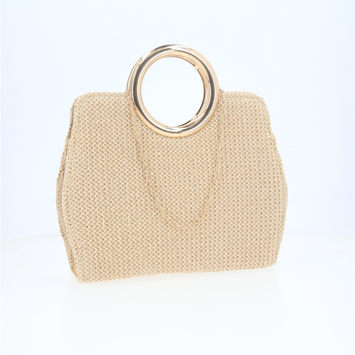 Bolsa Clutch em Ráfia com Alça de  Metal Bege claro