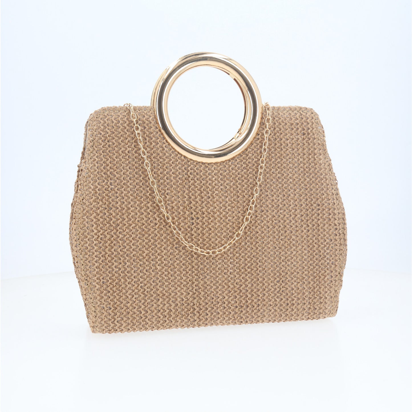 Bolsa Clutch em Ráfia com Alça de  Metal Caramelo