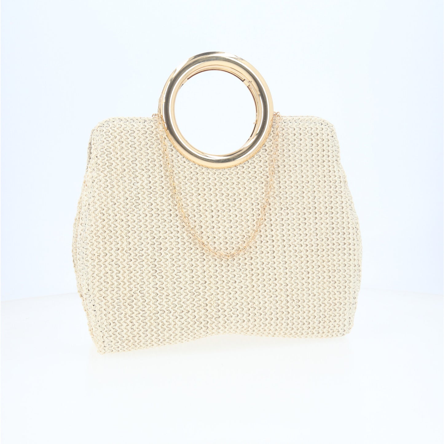Bolsa Clutch em Ráfia com Alça de  Metal Marfim
