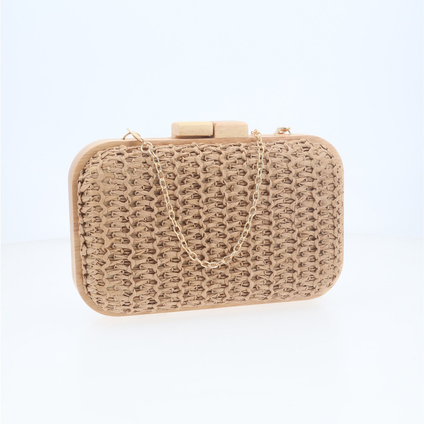 Bolsa Clutch Tiracolo em Ráfia com Estrutura de Madeira  Bege