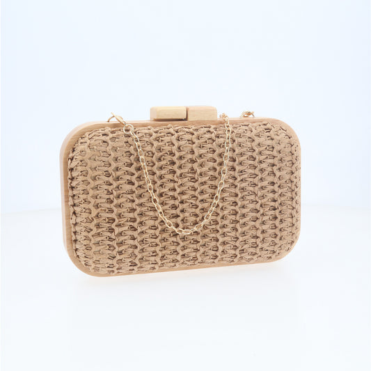 Bolsa Clutch Tiracolo em Ráfia com Estrutura de Madeira  Bege