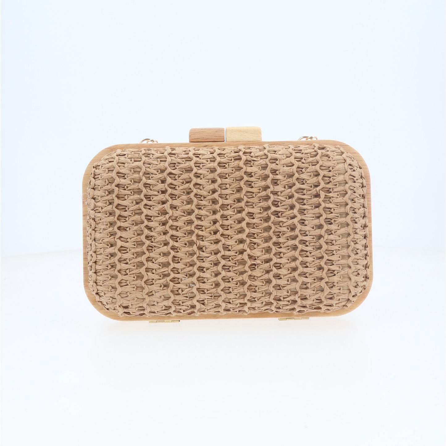 Bolsa Clutch Tiracolo em Ráfia com Estrutura de Madeira  Bege