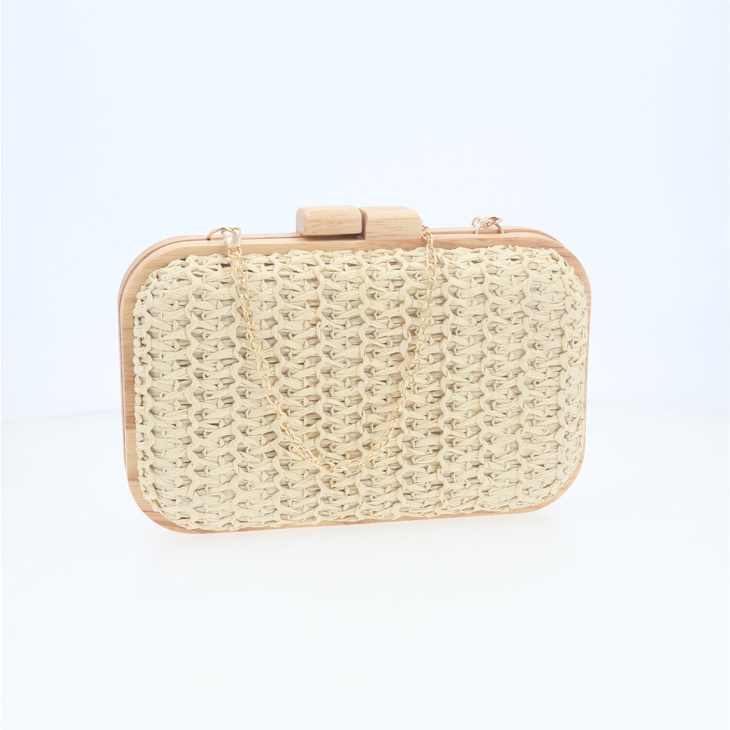 Bolsa Clutch Tiracolo em Ráfia com Estrutura de Madeira  Marfim