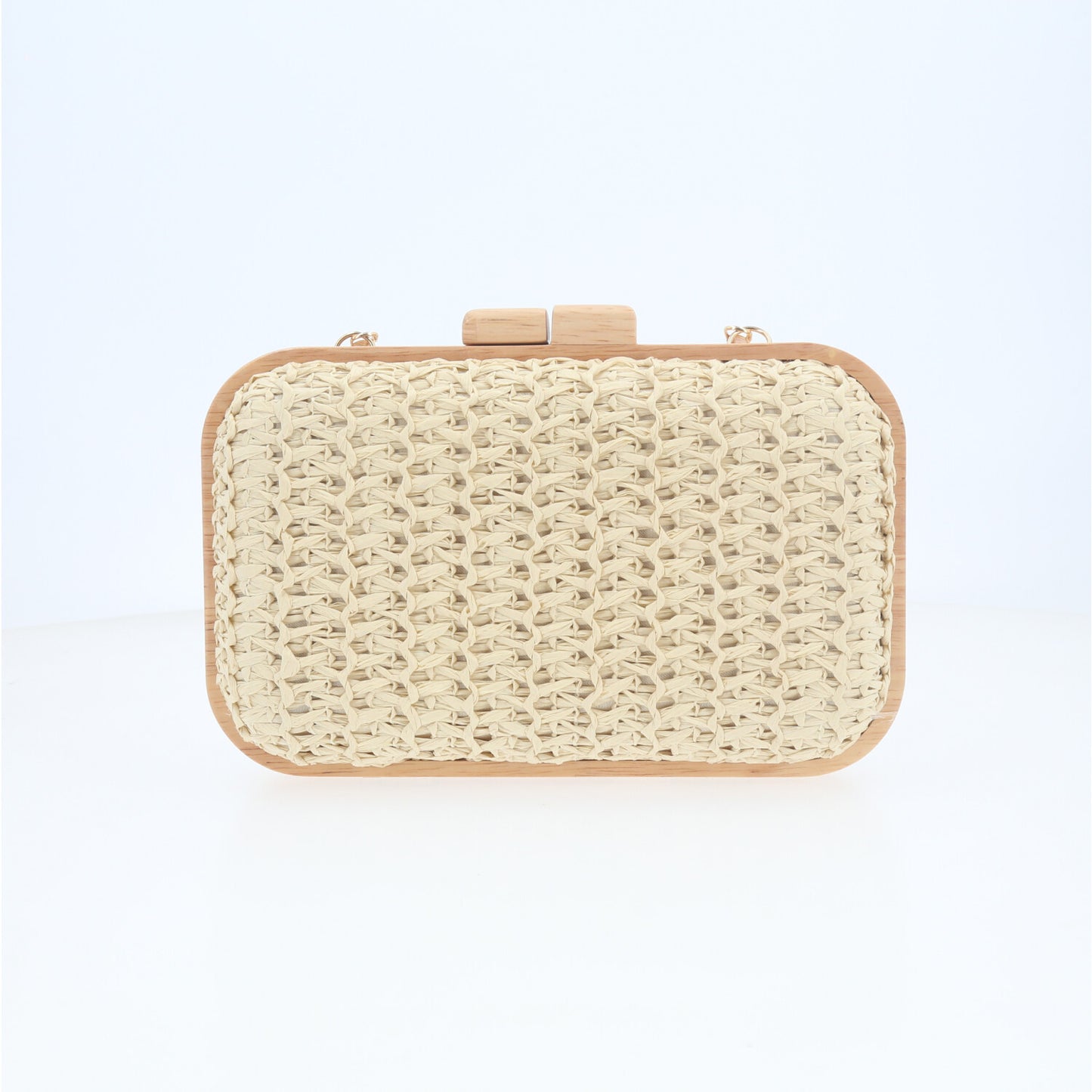 Bolsa Clutch Tiracolo em Ráfia com Estrutura de Madeira  Marfim