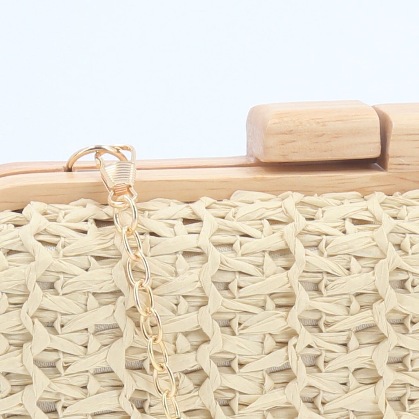 Bolsa Clutch Tiracolo em Ráfia com Estrutura de Madeira  Marfim