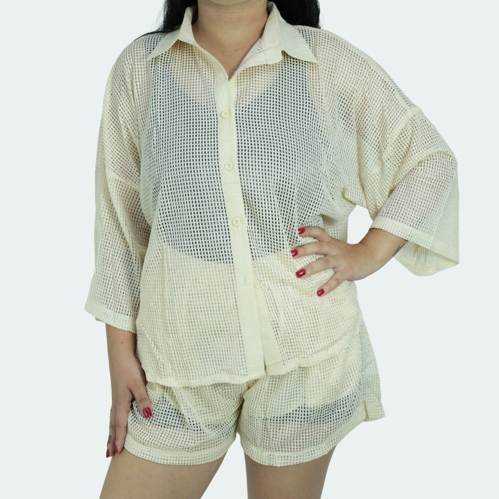 Saída de Praia Feminina Conjunto Blusa e Shorts Bege