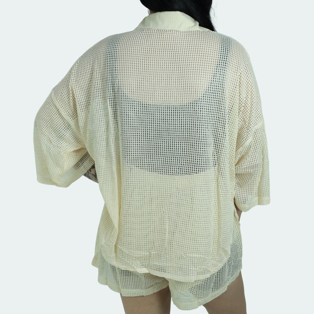 Saída de Praia Feminina Conjunto Blusa e Shorts Bege