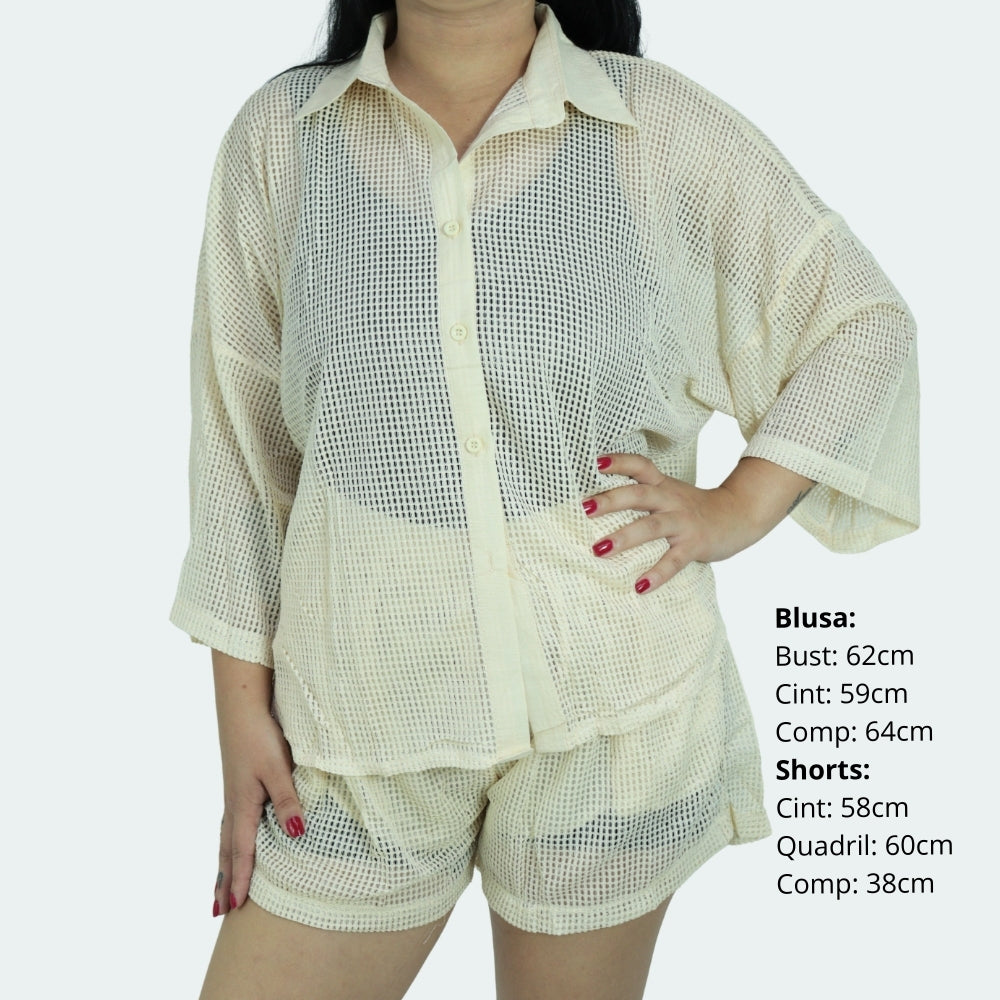 Saída de Praia Feminina Conjunto Blusa e Shorts Bege