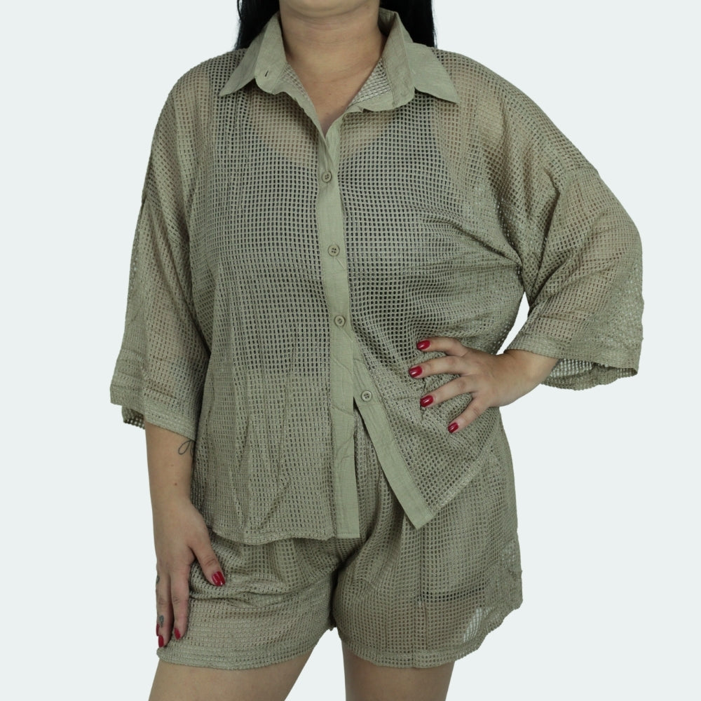 Saída de Praia Feminina Conjunto Blusa e Shorts Bege escuro