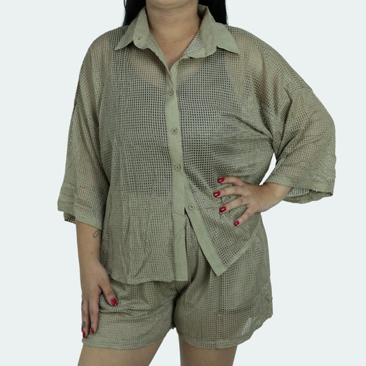 Saída de Praia Feminina Conjunto Blusa e Shorts Bege escuro