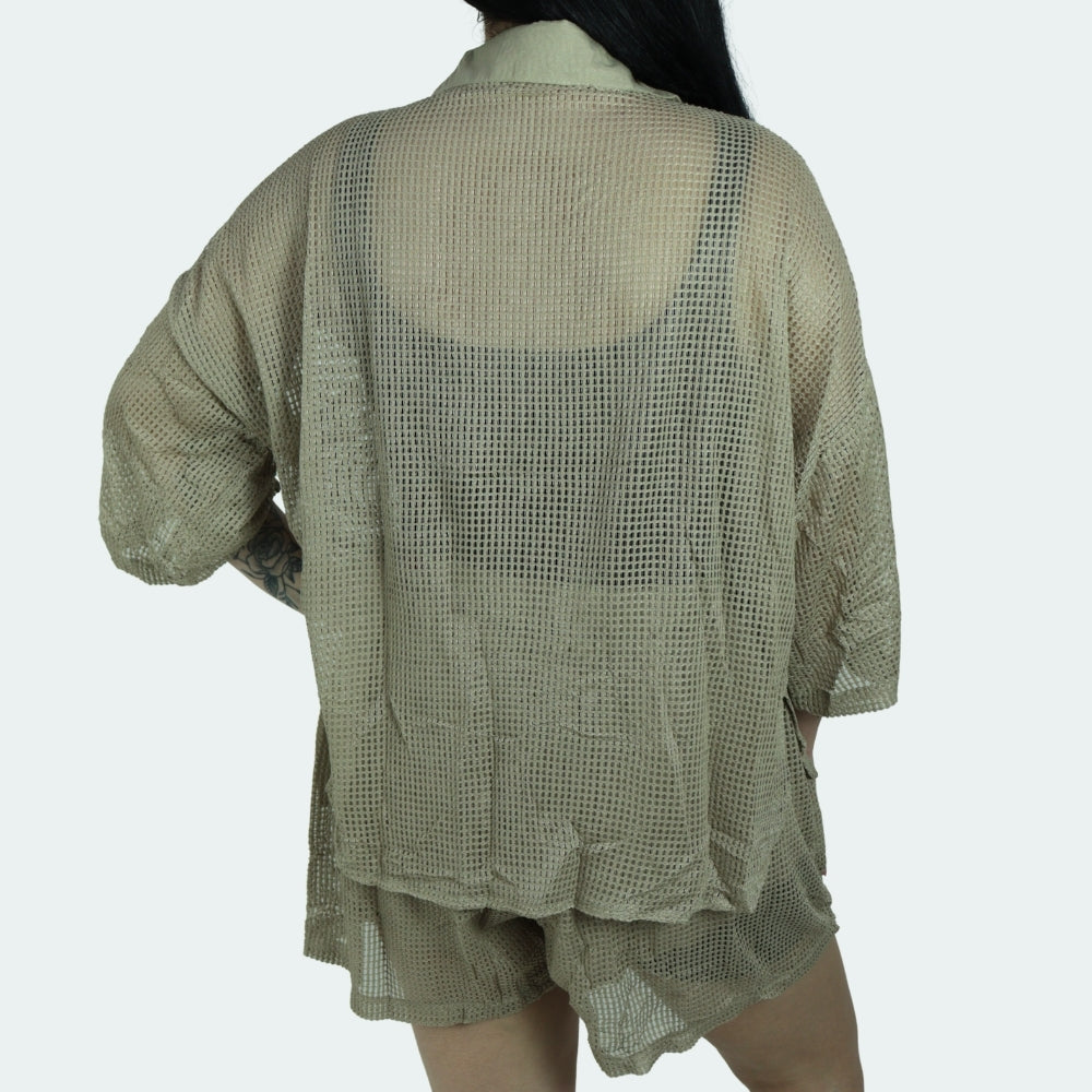 Saída de Praia Feminina Conjunto Blusa e Shorts Bege escuro