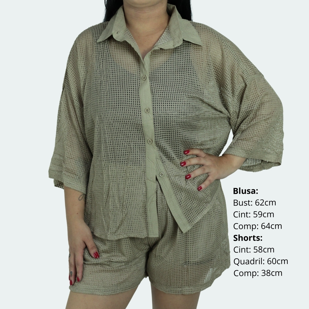 Saída de Praia Feminina Conjunto Blusa e Shorts Bege escuro