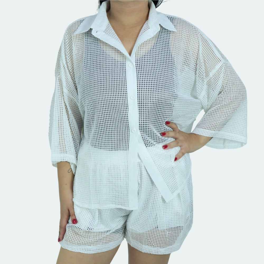 Saída de Praia Feminina Conjunto Blusa e Shorts Branco