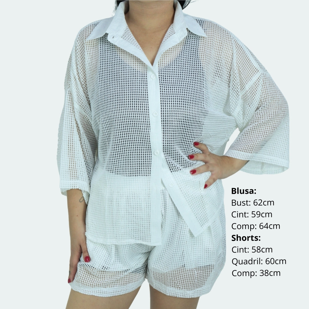 Saída de Praia Feminina Conjunto Blusa e Shorts Branco