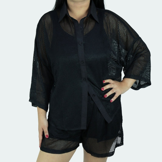 Saída de Praia Feminina Conjunto Blusa e Shorts Preto