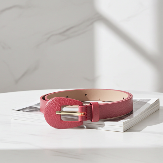 Cinto Feminino de Couro com Fivela Encapada Oval Vermelho