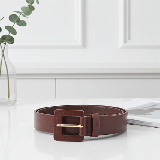 Cinto Feminino de Couro com Fivela Quadrada Encapada Marrom