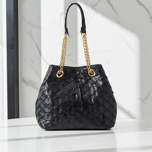 Bolsa de Couro Pirarucu com Alça Metal Dourada Preto