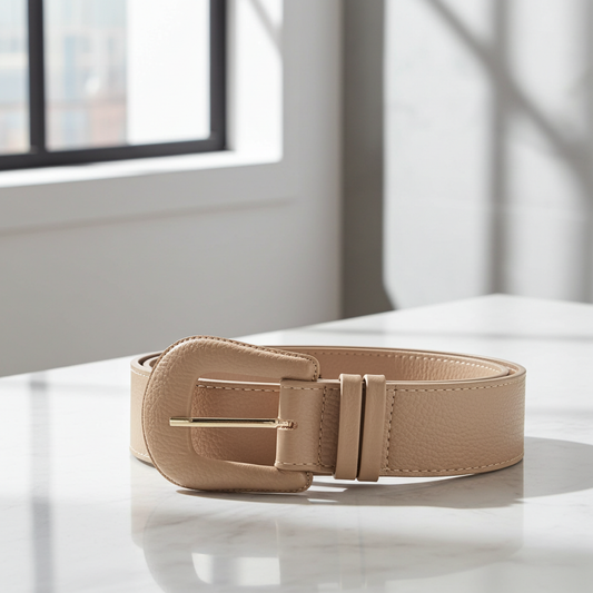 Cinto Feminino de Couro com Fivela Encapada Bege escuro