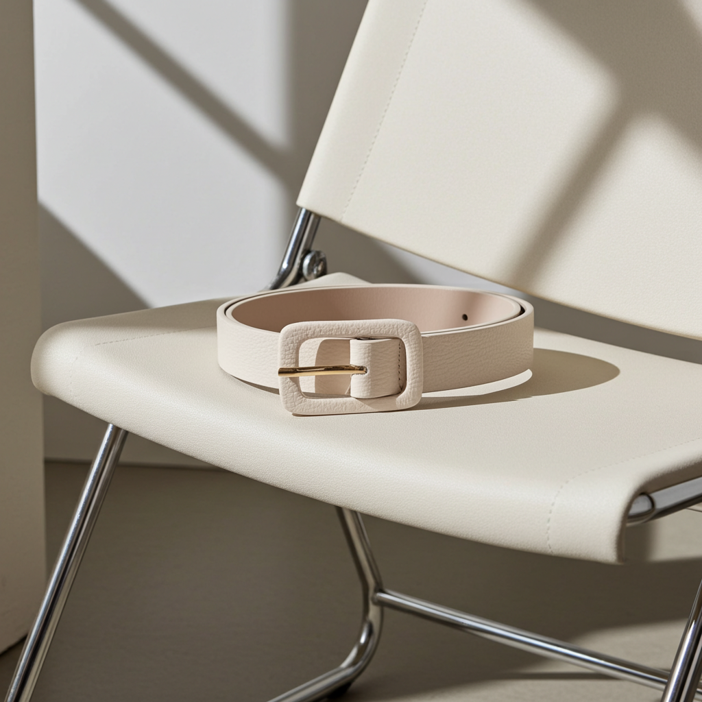 Cinto Feminino de Couro Legítimo com Fivela Forrada Marfim