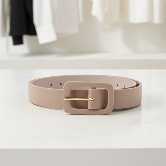 Cinto Feminino de Couro Legítimo com Fivela Forrada Bege escuro