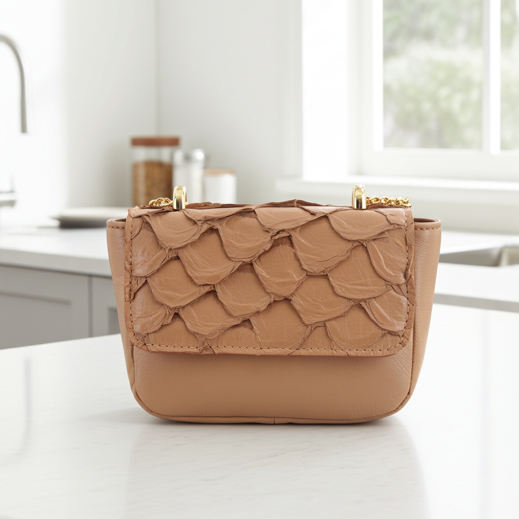 Bolsa Feminina em Couro Legítimo de Pirarucu Modelo Tiracolo Caramelo